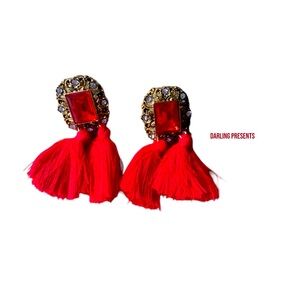 GEMSTONE CRYSTAL TASSEL DROP EARRINGS WOMEN COLOR RED & GOLD